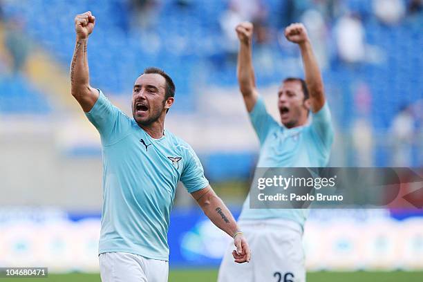 Cristian Brocchi of SS Lazio celebrates victory after the Serie A match between SS Lazio and Brescia Calcio at Stadio Olimpico on October 3, 2010 in...