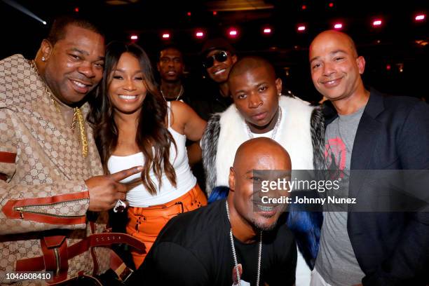 Busta Rhymes, Connie Orlando, O.T. Genasis, Big Tigger and Scott Mills are seen backstage during the BET Hip Hop Awards 2018 at Fillmore Miami Beach...