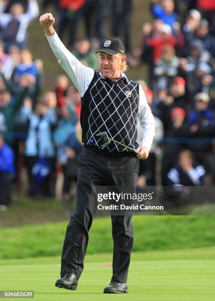 Miguel Angel Jimenez celebrates holing a birdie putt on the 16th green during the Fourball & Foursome Matches during the 2010 Ryder Cup at the Celtic...