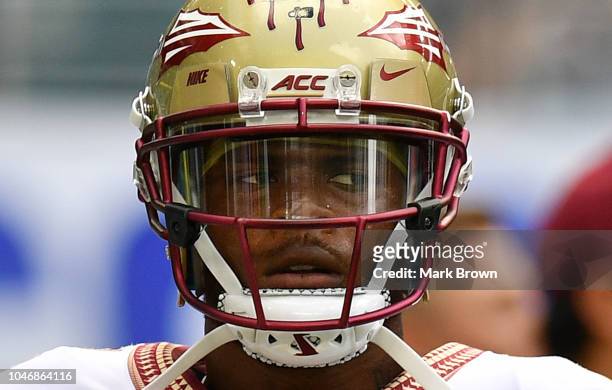 Deondre Francois of the Florida State Seminoles before the game against the Miami Hurricanes at Hard Rock Stadium on October 6, 2018 in Miami,...