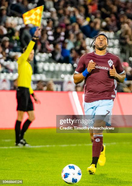 Giles Barnes of the Colorado Rapids reacts after being called offsides during the first half against Los Angeles FC at Dick's Sporting Goods Park on...