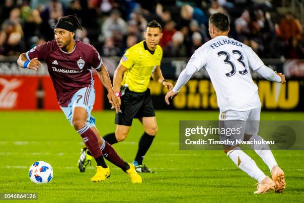 Giles Barnes of the Colorado Rapids looks for an open teammate during the first half against Los Angeles FC at Dick's Sporting Goods Park on October...