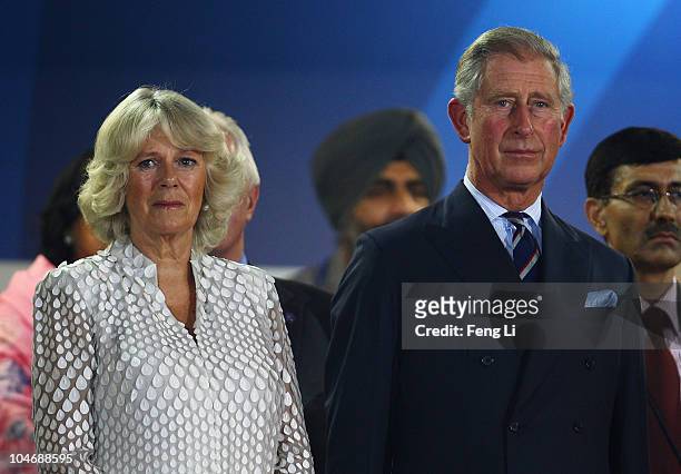 Prince Charles, Prince of Wales and Camilla, Duchess of Cornwall chat during the Opening Ceremony for the Delhi 2010 Commonwealth Games at Jawaharlal...