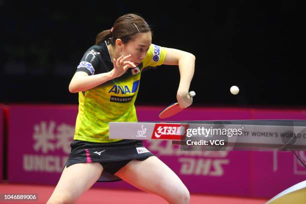 Kasumi Ishikawa of Japan competes in the Women's Singles semi-final match against Ding Ning of China on day three of 2018 ITTF Women's World Cup at...