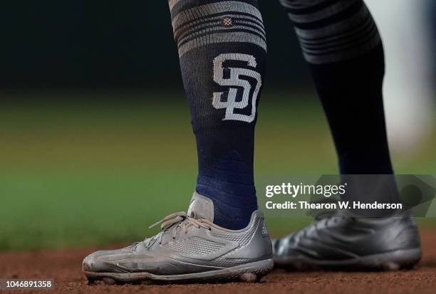 Detailed view of the Adidas baseball cleats worn by Freddy Galvis of the San Diego Padres against the San Francisco Giants in the top of the fifth...