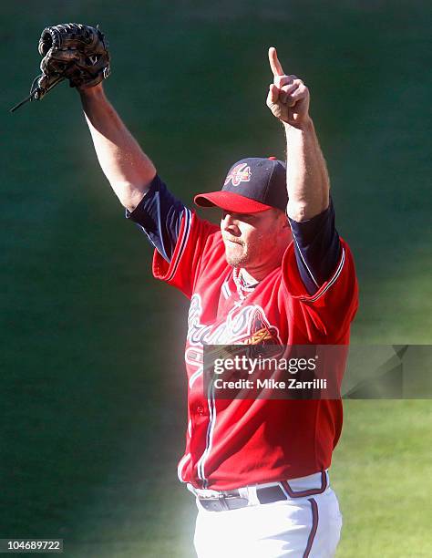 Closer Billy Wagner of the Atlanta Braves celebrates after the last out in the the game against the Philadelphia Phillies at Turner Field on October...