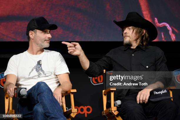 Andrew Lincoln and Norman Reedus speak onstage during The Walking Dead panel during New York Comic Con at Jacob Javits Center on October 6, 2018 in...