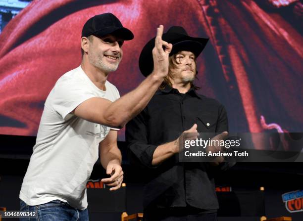 Andrew Lincoln and Norman Reedus speak onstage during The Walking Dead panel during New York Comic Con at Jacob Javits Center on October 6, 2018 in...