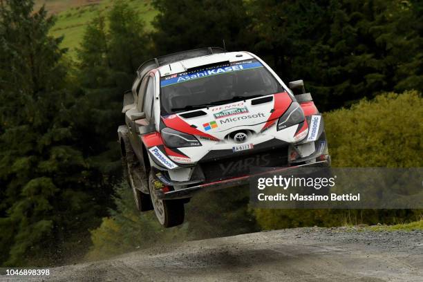 Jari Matti Latvala of Finland and Mikka Anttila of Finland compete in their Toyota Gazoo Racing WRT Toyota Yaris WRC during Day Three of the WRC...