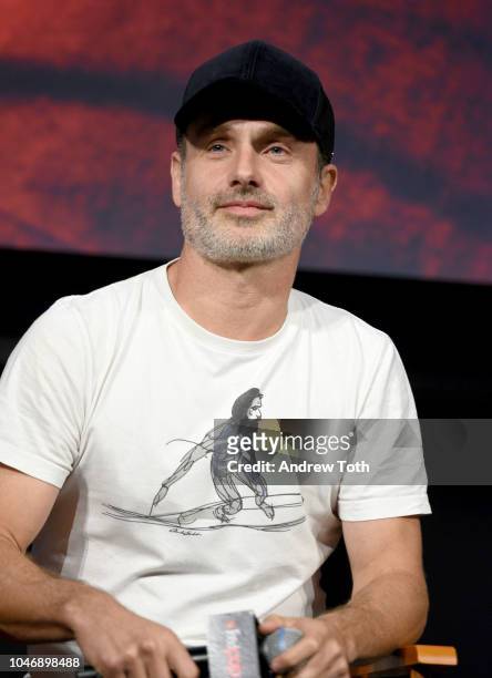 Andrew Lincoln speaks onstage during The Walking Dead panel during New York Comic Con at The Hulu Theater at Madison Square Garden on October 6, 2018...