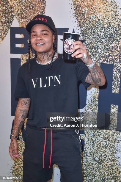 Young M.A arrives to the BET Hip Hop Awards at the Fillmore Miami Beach on October 6, 2018 in Miami Beach, Florida.