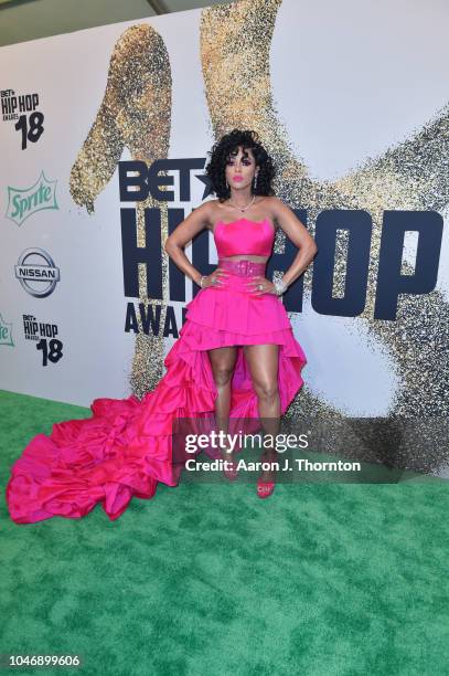 Keyshia Ka'Oir arrives to the BET Hip Hop Awards at the Fillmore Miami Beach on October 6, 2018 in Miami Beach, Florida.