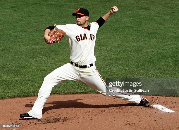 Jonathan Sanchez of the San Francisco Giants pitches during the first inning against the San Diego Padres at AT&T Park on October 3, 2010 in San...