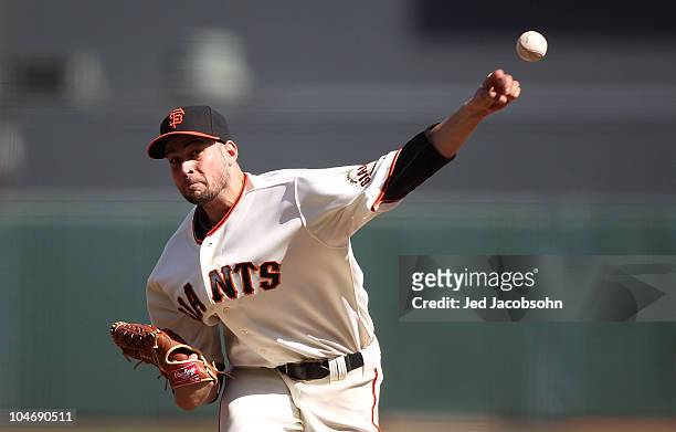 Jonathan Sanchez of the San Francisco Giants pitches against the San Diego Padres during a Major League Baseball game at AT&T Park on October 3, 2010...
