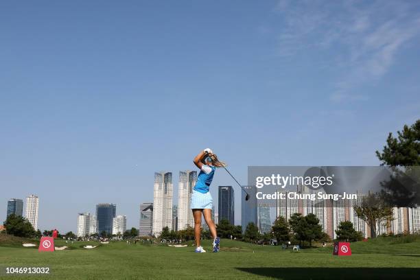 Anna Nordqvist of Sweden hits a tee shot on the 12th hole during the Singles match against In Gee Chun of South Korea on day four of the UL...