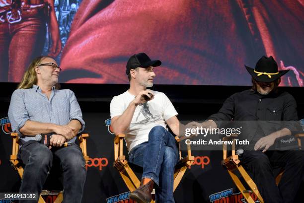 Greg Nicotero, Andrew Lincoln and Norman Reedus speak onstage during The Walking Dead panel during New York Comic Con at Jacob Javits Center on...