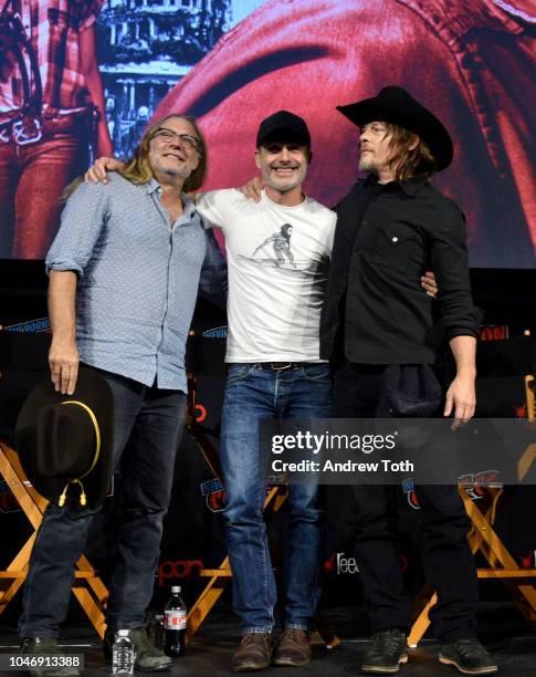 Greg Nicotero, Andrew Lincoln and Norman Reedus speak onstage during The Walking Dead panel during New York Comic Con at Jacob Javits Center on...