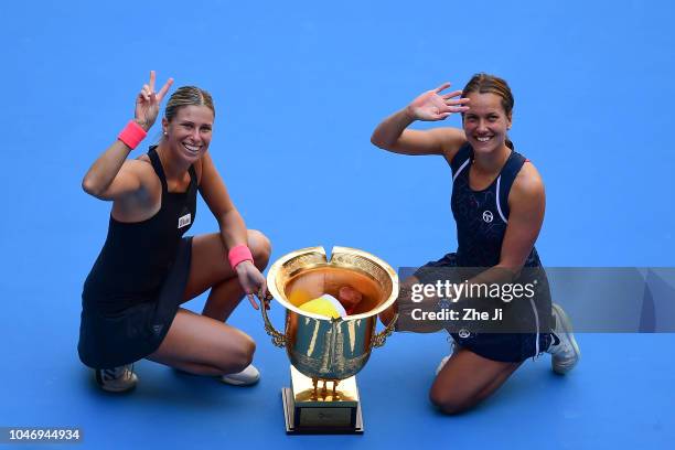 Andrea Sestini Hlavackova and Barbora Strycova of Czech Republic poses with her trophies during the medal ceremony after the Women's doubles final...
