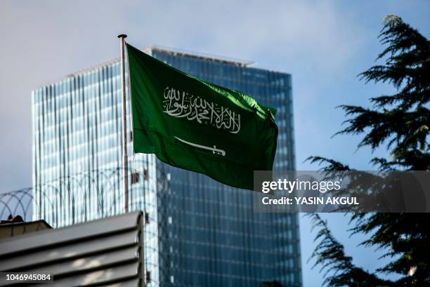 Saudi Arabian flag flies over the Saudi Arabian consulate in Istanbul on October 7, 2018. - Jamal Khashoggi, a veteran Saudi journalist who has been...