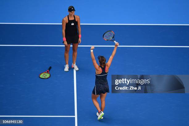 Andrea Sestini Hlavackova and Barbora Strycova of Czech Republic poses with her trophies during the medal ceremony after the Women's doubles final...