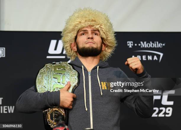 Las Vegas , United States - 6 October 2018; Khabib Nurmagomedov during the post fight press conference after his victory over Conor McGregor in their...