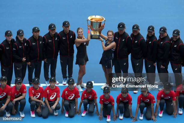 Andrea Sestini Hlavackova and Barbora Strycova of Czech Republic poses with the trophy during the medal ceremony after the Women's doubles final...