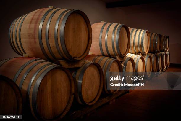row of barrels in a wine cellar - cognac stockfoto's en -beelden