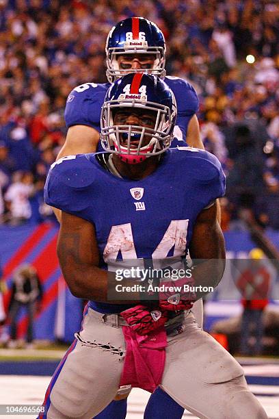 Ahmad Bradshaw of the New York Giants celebrates after scoring a touchdown against the Chicago Bears at New Meadowlands Stadium on October 3, 2010 in...