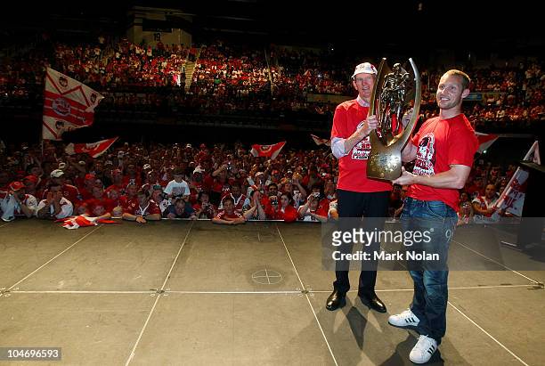Dragons coach Wayne Bennett and captain Ben Hornby hold up the NRL trophy during the St George Illawarra Dragons NRL Grand Final Reception at the WEC...