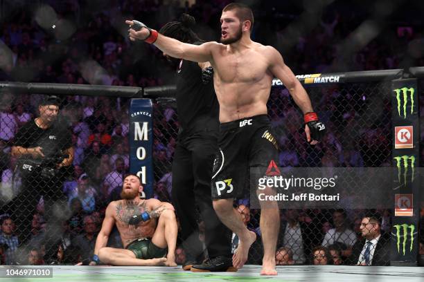 Khabib Nurmagomedov of Russia reacts after submitting Conor McGregor of Ireland in their UFC lightweight championship bout during the UFC 229 event...