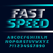 Fast Speed alphabet font. Wind effect italic letters, symbols and numbers.