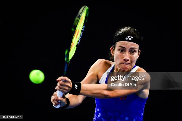 Anastasija Sevastova of Latvia hits a return against Caroline Wozniacki of Denmark during her Women's Singles Finals match in the 2018 China Open at...