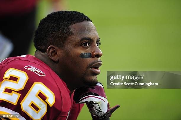 Clinton Portis of the Washington Redskins watches the action against the Philadelphia Eagles at Lincoln Financial Field on October 3, 2010 in...