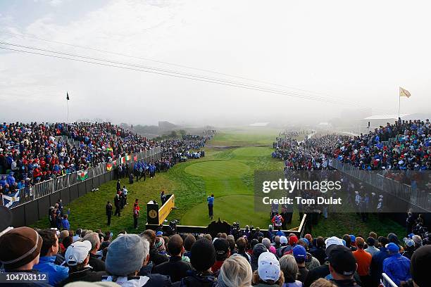 Lee Westwood of Europe watches his tee shot on the first hole in the singles matches during the 2010 Ryder Cup at the Celtic Manor Resort on October...