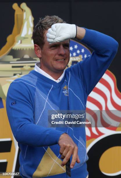 Luke Donald of Europe waits on the first tee in the singles matches during the 2010 Ryder Cup at the Celtic Manor Resort on October 4, 2010 in...