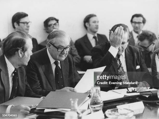 British Prime Minister James Callaghan with Chancellor of the Exchequer Dennis Healey , 8th July 1976.