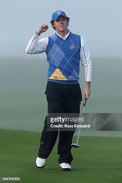 Rory McIlroy of Europe waves to the gallery after a birdie on the first green in the singles matches during the 2010 Ryder Cup at the Celtic Manor...