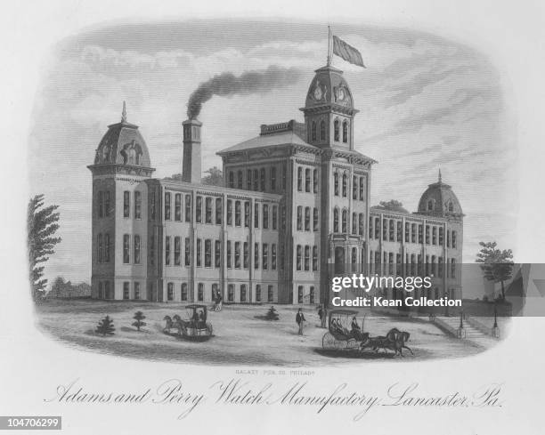 Illustration of the factory of the Adams and Perry Watch Manufacturing Company in Lancaster, Pennsylvania circa 1880.