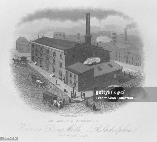 Illustration of the Hagner's Drug Mill in Philadelphia, Pennsylvania circa 1850.