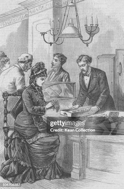 Illustration of the interior of Theo B. Starr's jewellery store in New York City in 1879.