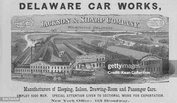 Illustration of the Jackson and Sharp Company rail car works in Wilmington, Delaware circa 1880.