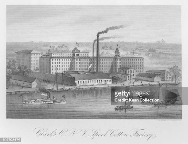 Illustration of the Clark's Spool Cotton factory circa 1880.
