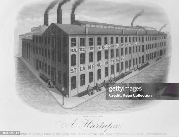 Illustration of the A. Hartupee steam engine factory in Pittsburgh, Pennsylvania circa 1880.