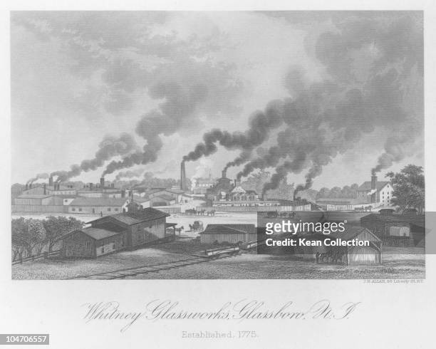 Illustration of the Whitney glass works in Glassboro, New Jersey circa 1850.