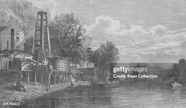 Illustration of oil wells in Pennsylvania circa 1880.