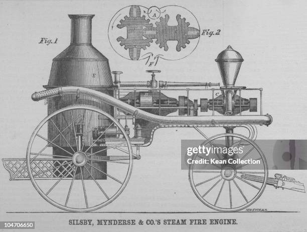 Illustration of Silsby, Mynderse and Co's steam fire engine as seen in Scientific American on February 25, 1860.