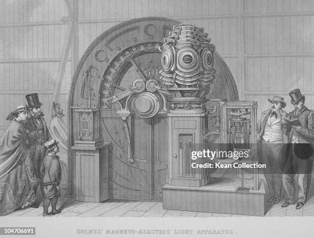 Illustration of Holmes' Magneto Electric Light Apparatus which was exhibited at the International Exhibition in 1862.