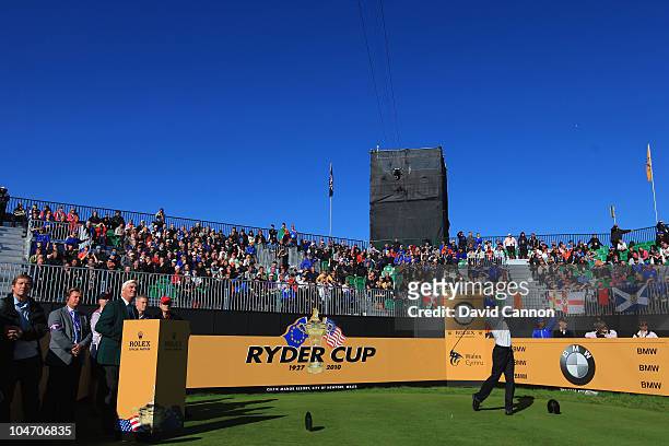 Padraig Harrington of Europe hits his tee shot on the first hole in the singles matches during the 2010 Ryder Cup at the Celtic Manor Resort on...