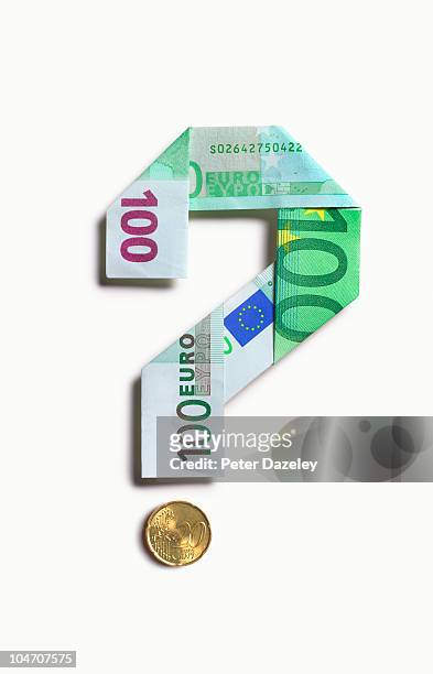 100 euro bank note question mark - european union euro note stock pictures, royalty-free photos & images