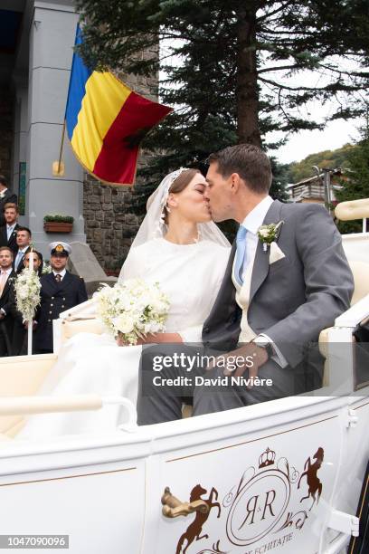Prince Nicholas of Romania and Princess Alina of Romania leave after their wedding at Sfantul IIie church on September 30, 2018 in Sinaia, Romania.